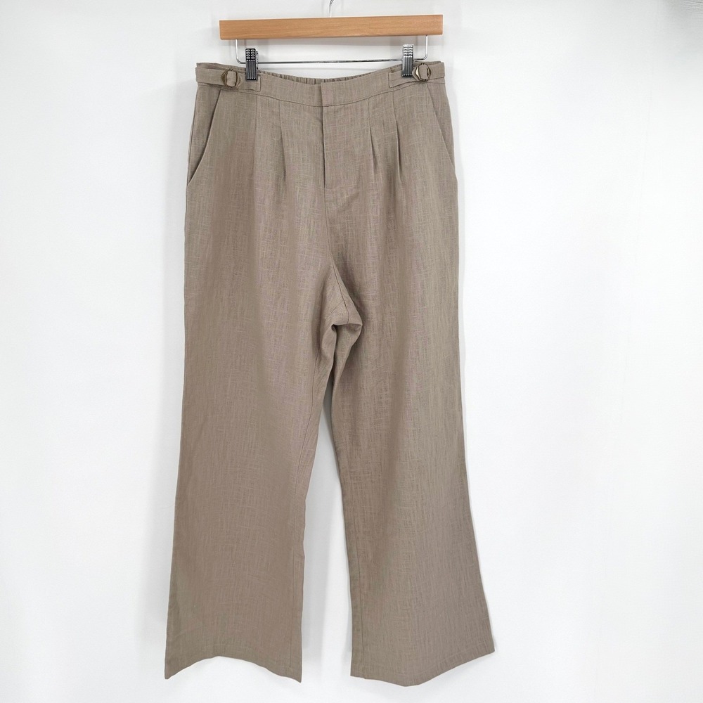 Heartloom Linen Blend Wide Leg Pleated Trousers Beige High Waist Buckle Pants L